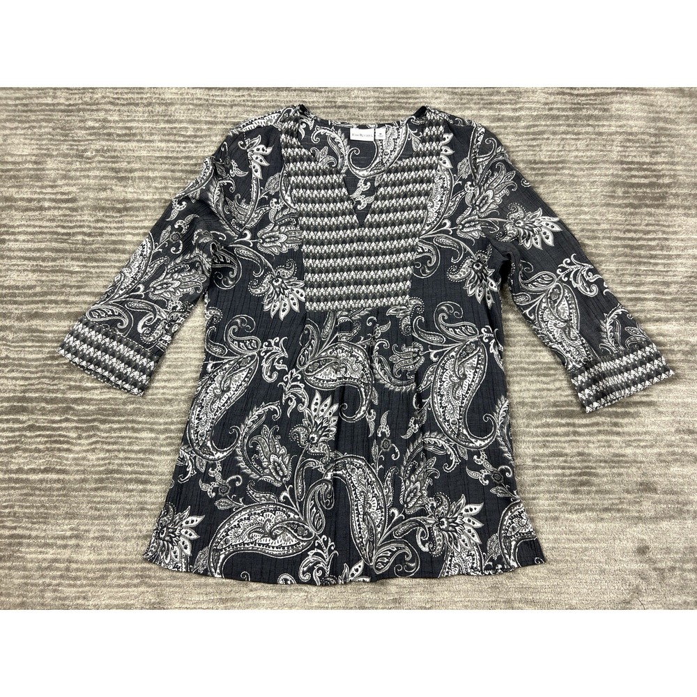 Kim Rogers Top Womens Medium Gray White 3/4 Sleeve VNeck‎ Rayon Blend